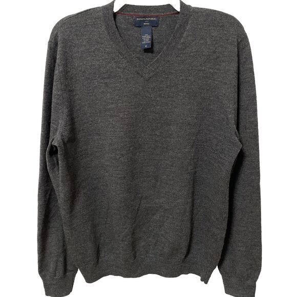 Banana Republic Medium Sweater Mens V-Neck 100% Merino Wool Charcoal Gray Ribbed - Picture 1 of 6